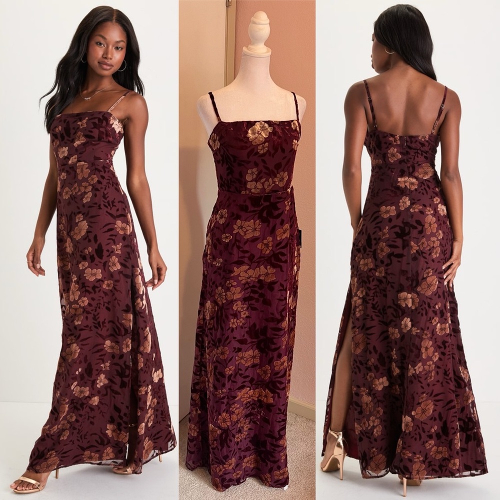 Effortless Celebration Burgundy Floral Burnout A-Line Maxi Dress by Lulus